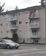 thumb moving couch up a ladder three stories